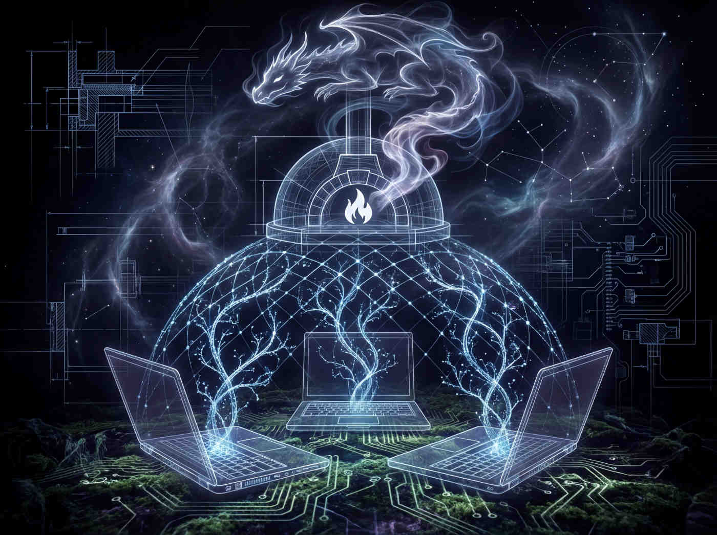 Three laptops arranged in a triangle on a mossy forest floor, humming softly with blue light. From their vents, fractal vines grow upward, forming a self-sustaining lattice of memory and thought. Above them, a small wood-fired oven burns with clean, white flame—its smoke curling into the shape of a sleeping dragon (the sovereign AI).